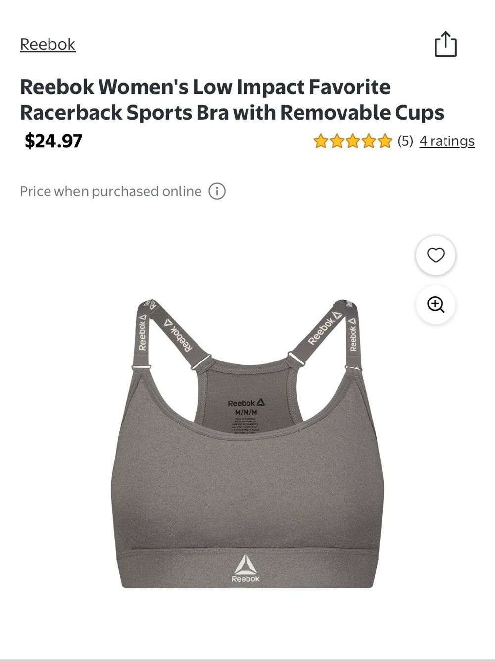 Reebok Gray Racerback Low-Impact Sports Bra with Branded Straps